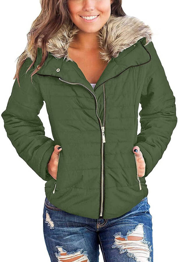 Kadın Parka Mont, Cepli, Yastıklı, Suni Kürk Yaka, S-2XL - 6