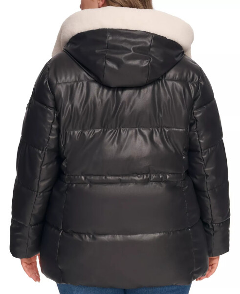 Kadın Plus Beden Suni Deri Suni Kürklü Kapüşonlu Anorak Puffer Mont Siyah - 2