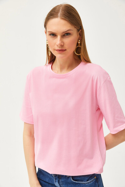 Kadın Şeker Pembe Oversize Bisiklet Yaka Tişört TSH-19000788 - 4