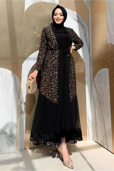 KADIN SİYAH (SİYAH-GOLD) PUL PAYETLİ ABAYA T 6737 - 4