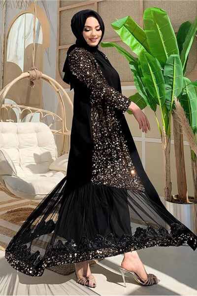 KADIN SİYAH (SİYAH-GOLD) PUL PAYETLİ ABAYA T 6737 - 5