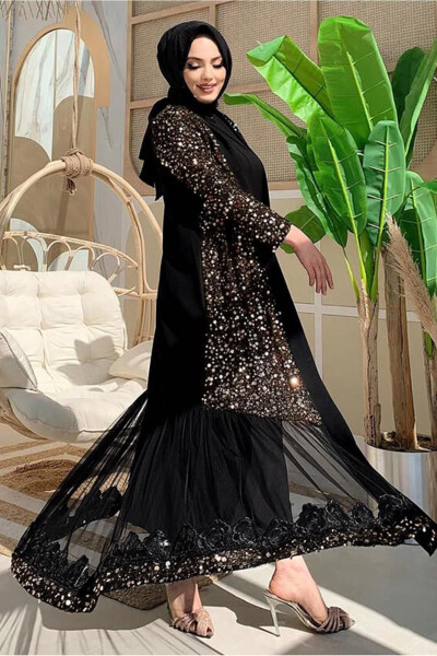 KADIN SİYAH (SİYAH-GOLD) PUL PAYETLİ ABAYA T 6737 - 2