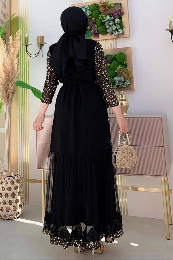 KADIN SİYAH (SİYAH-GOLD) PUL PAYETLİ ABAYA T 6737 - 3