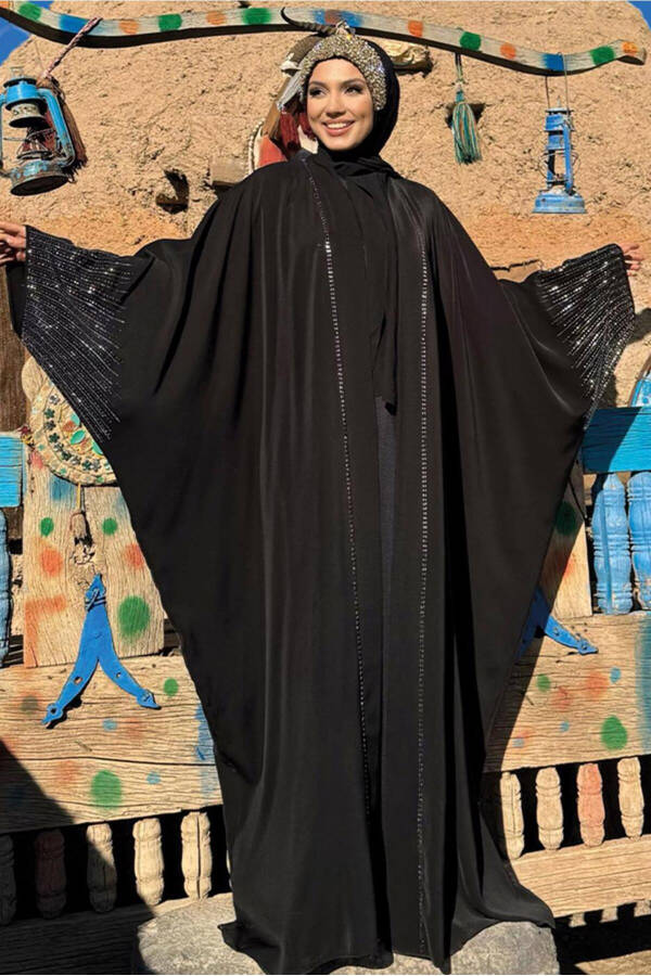 KADIN SİYAH TAŞ BASKILI ABAYA T 0887 - 2