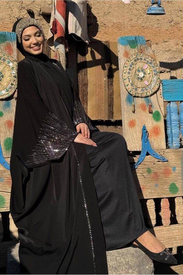 KADIN SİYAH TAŞ BASKILI ABAYA T 0887 - 4