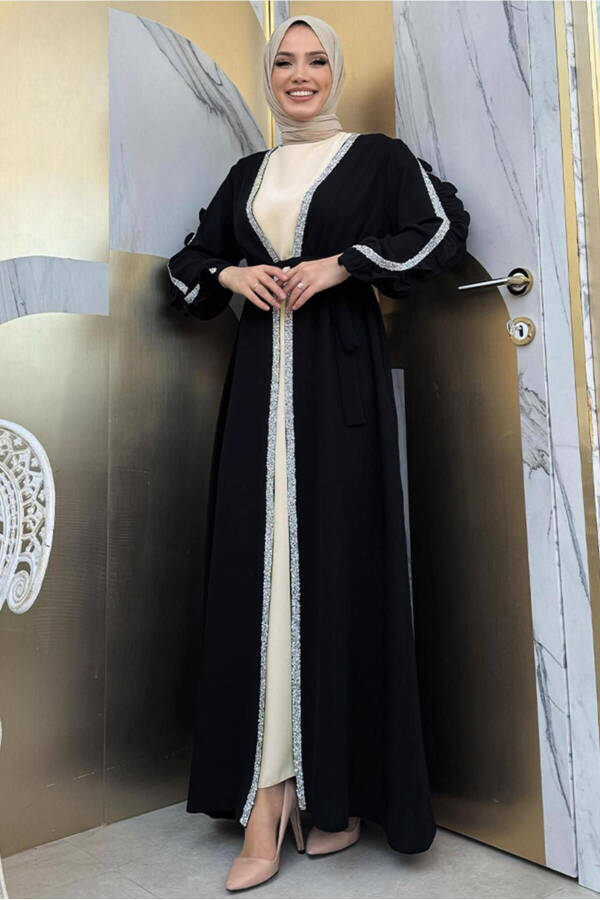 KADIN SİYAH TAŞ DETAYLI ELBİSELİ ABAYA TAKIM T 4848 - 4