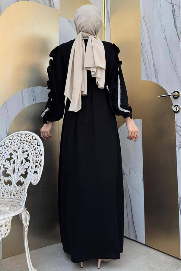 KADIN SİYAH TAŞ DETAYLI ELBİSELİ ABAYA TAKIM T 4848 - 3