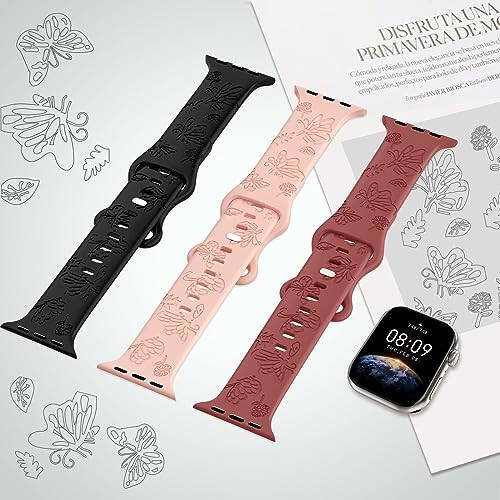 Kadınlar İçin 3'lü Şık Çiçek Desenli Oymalı Akıllı Saat Kayışı, Dayanıklı Yumuşak Silikon iWatch Kayışları Apple Watch Serisi 44mm 40mm 38mm 41mm 45mm 49mm 42mm Ultra 2 SE 9-1 ile Uyumlu - 15