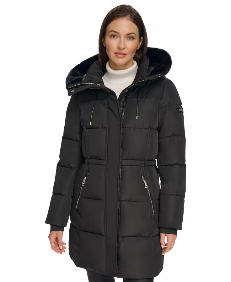 Kadınlar İçin Suni Kürk Trimli Kapüşonlu Anorak Puffer Ceket Siyah - 1