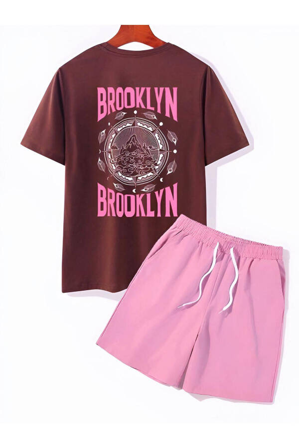 Kahve Brooklyn Baskılı Pembe Şortlu Alt Üst Takım - 1