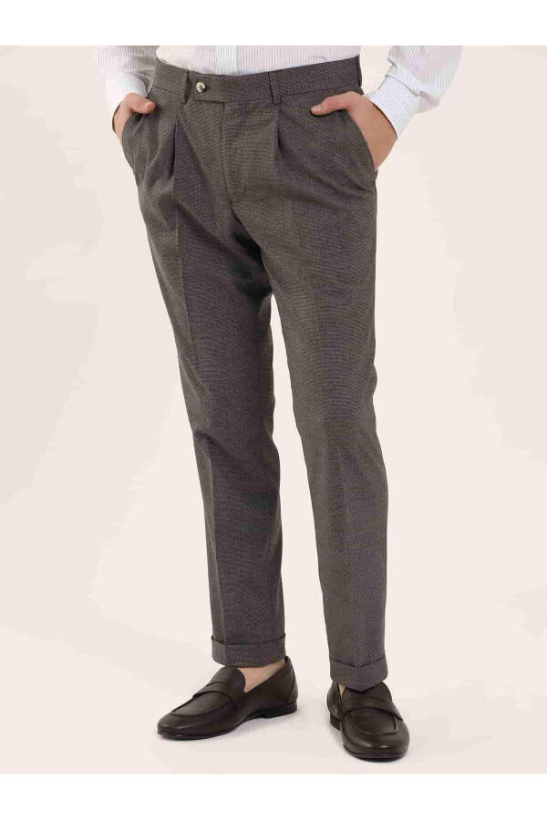 Kahverengi Erkek Slim Fit Melanj Desenli Klasik Pantolon - 97655 - 11