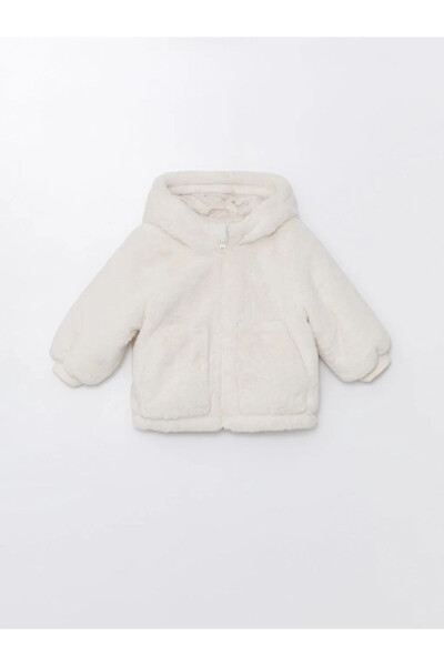 KANZ Cream Colored Hooded Plush Baby Cardigan - 1