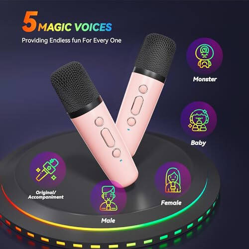 Karaoke Machine for Kids Adults, Portable Bluetooth Mini Karaoke Microphone Singing Speaker with 2 Mic and Light,Toys for All Smartphones,Birthday, Family,Home Party (Pink) - 7