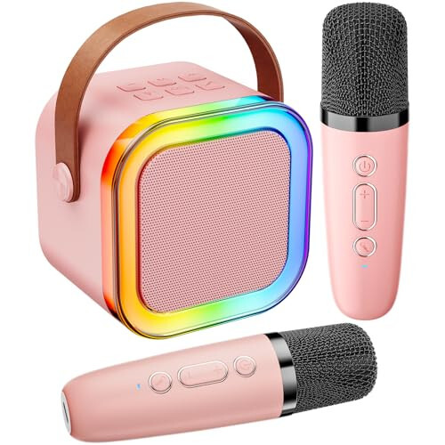 Karaoke Machine for Kids Adults, Portable Bluetooth Mini Karaoke Microphone Singing Speaker with 2 Mic and Light,Toys for All Smartphones,Birthday, Family,Home Party (Pink) - 4