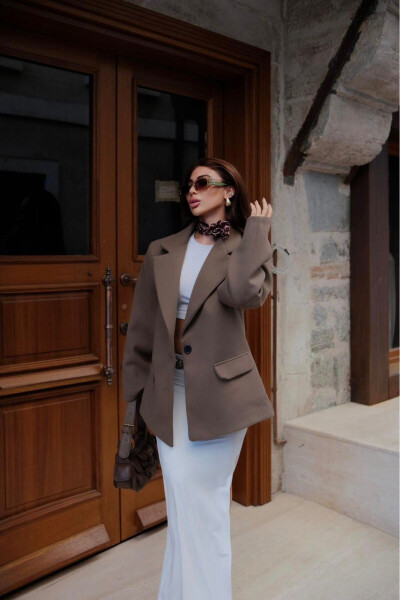 Kaşe Astarlı Tek Düğme Oversize Bol Kesim Orta Boy Pinterest Muadil Kaban Mont Blazer Ceket - 4