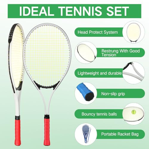 Kattalar uchun 6 o'yinchi uchun dam olish 27'' tennis raketkasi to'plami, 3 ta to'p bilan, engil tennis raketkalari to'plami, ayollar erkaklar uchun tennis mashg'ulotlari va boshlang'ich uchun, overgrip va sumka bilan - 1