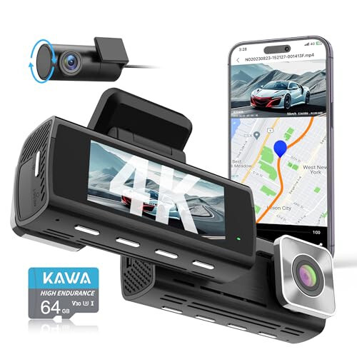 КАWA 4K Dash Cam Спереди и Сзади, AI-ISP Ночное Видение, Бесплатная карта 64 ГБ, Двойная Wi-Fi Dash камера 4K+1080P для автомобилей с Sony STARVIS, GPS и Speed Dashcam, 3,16” IPS экран, G-сенсор, AI круглосуточное обнаружение движения - 1