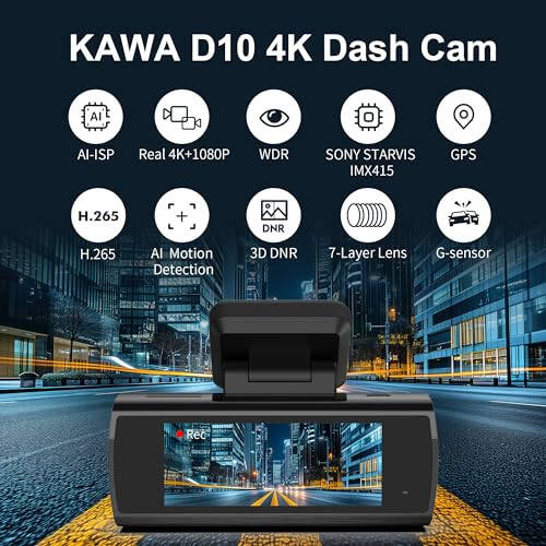 КАWA 4K Dash Cam Спереди и Сзади, AI-ISP Ночное Видение, Бесплатная карта 64 ГБ, Двойная Wi-Fi Dash камера 4K+1080P для автомобилей с Sony STARVIS, GPS и Speed Dashcam, 3,16” IPS экран, G-сенсор, AI круглосуточное обнаружение движения - 3