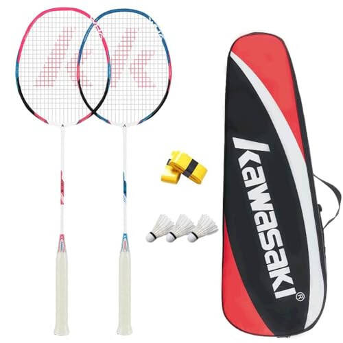 Kawasaki Profesyonel Grafit Badminton Raketi Hafif ve Yüksek Performanslı Spor, Antrenman ve Eğlence İçin 3 Badminton Topu, 2 Aşırı Kavrama ve Taşıma Çantası Dahil - 1