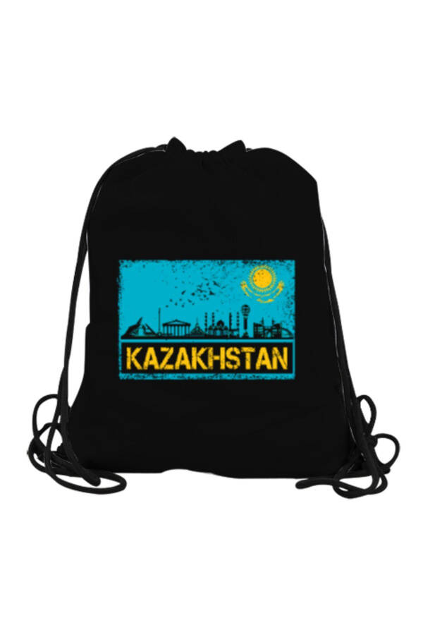 Kazakhstan Flag Black Drawstring Sports Bag - 1