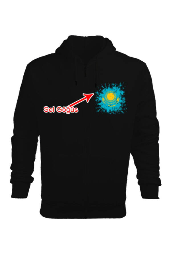 Kazakhstan Flag Black Men's Hooded Zipper Sweatshirt - 1