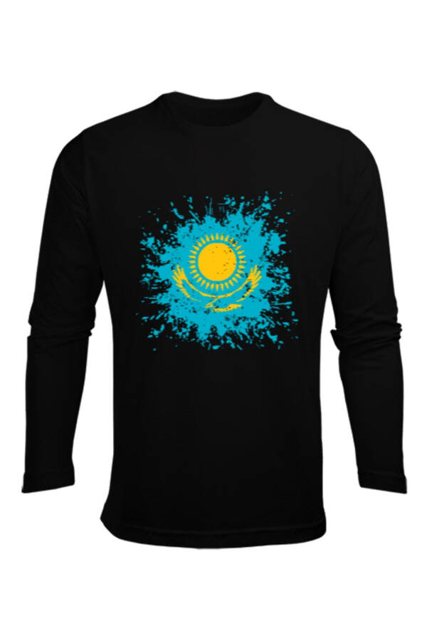 Kazakhstan Flag, Black Men's Long Sleeve T-shirt - 1