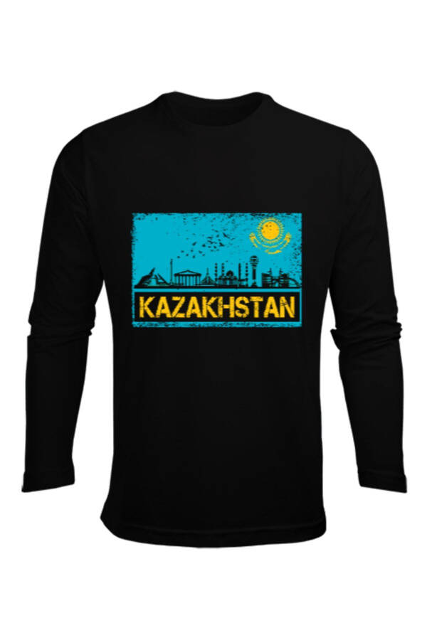 Kazakhstan Flag Black Men's Long Sleeve T-Shirt - 1