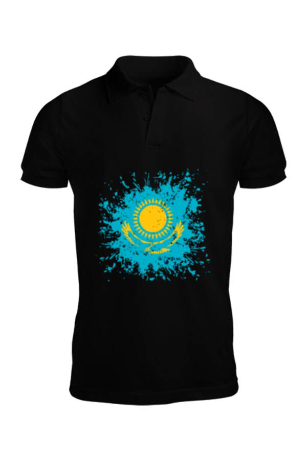 Kazakhstan Flag Black Men's Short Sleeve Polo - 1