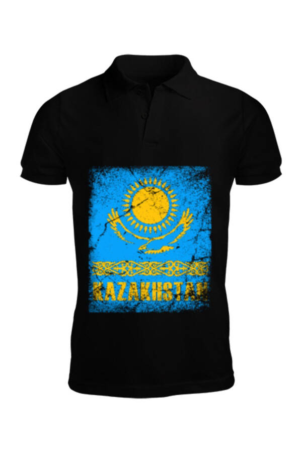 Kazakhstan Flag Black Men's Short Sleeve Polo - 1