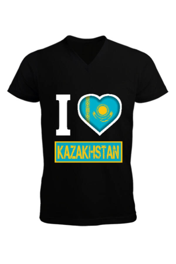 Kazakhstan Flag Black Men's Short Sleeve V-Neck T-Shirt - 1