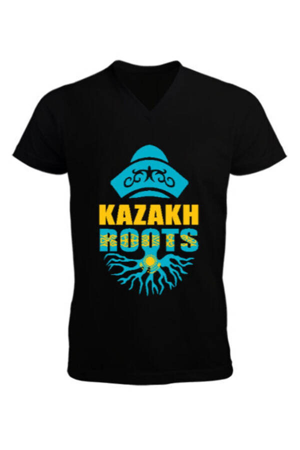 Kazakhstan Flag Black Men's Short Sleeve V-Neck T-Shirt - 1