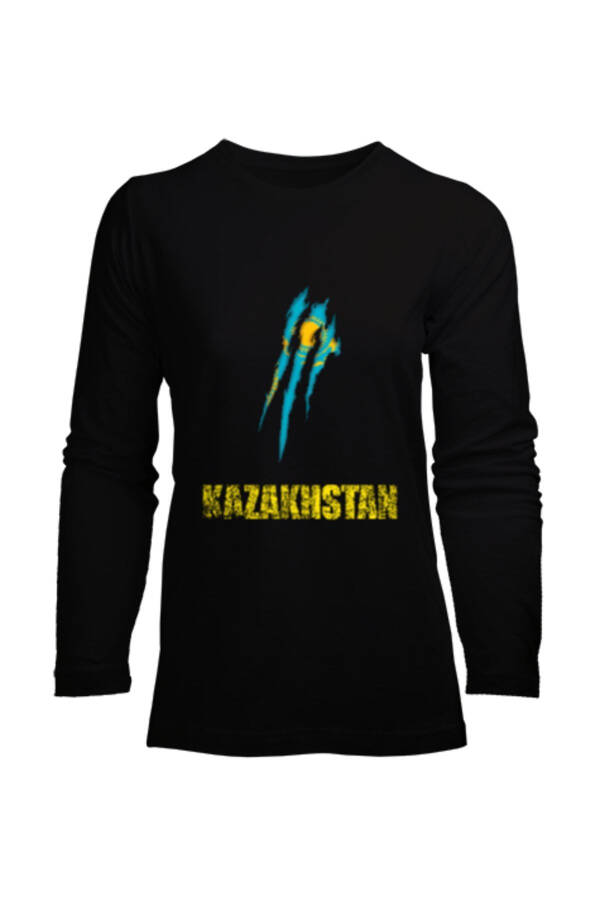 Kazakhstan Flag Black Women's Long Sleeve T-Shirt - 1