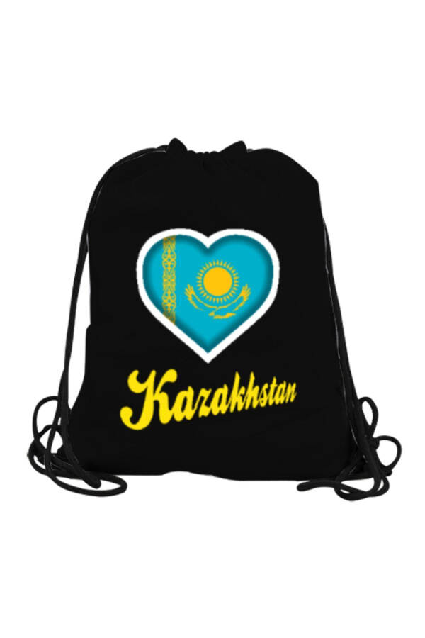 Kazakhstan Flag, Kazakhstan Logo, Black Drawstring Sports Bag - 1