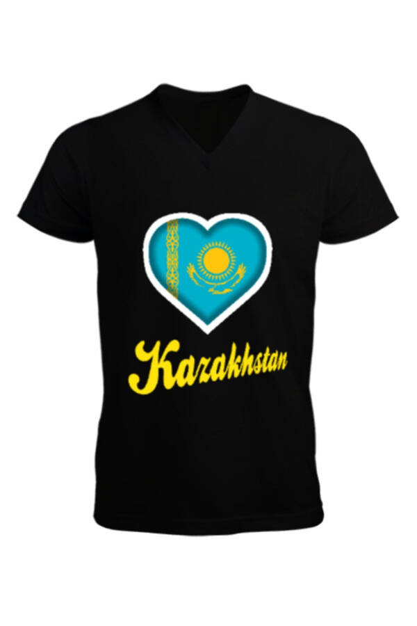 Kazakhstan Flag, Kazakhstan Logo, Black Men's Short Sleeve V Neck T-Shirt - 1