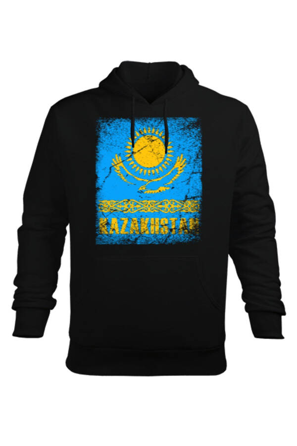 Kazakistan Bayrağı Siyah Erkek Kapüşonlu Hoodie - 1