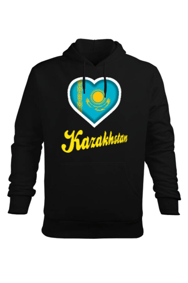 Kazakistan Bayrağı Siyah Erkek Kapüşonlu Hoodie - 1