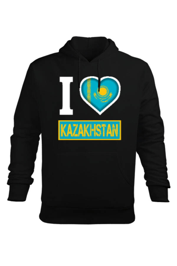 Kazakistan Bayrağı Siyah Erkek Kapüşonlu Hoody - 1