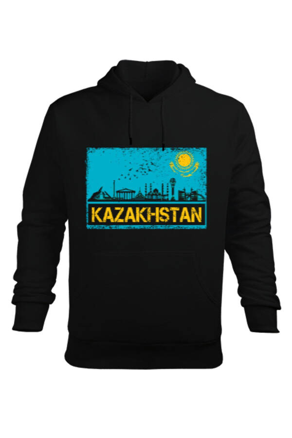 Kazakistan Bayrağı Siyah Erkek Kapüşonlu Hoody - 1