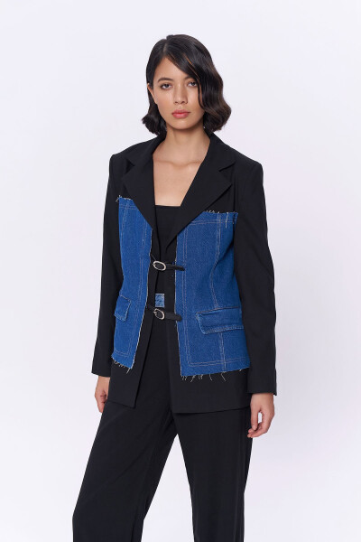 Kemer Aksesuarlı Denim Match Blazer Ceket Siyah - 6