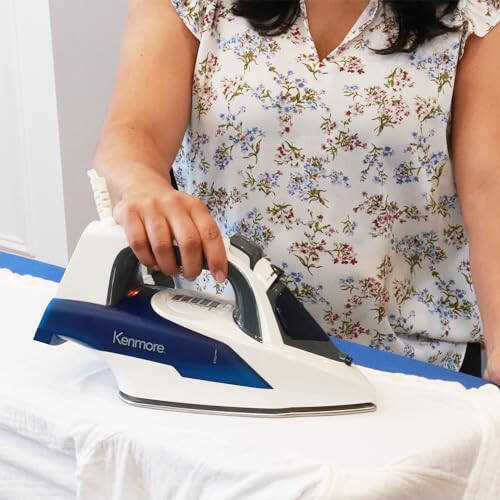 Kenmore Digital Power Steam Iron For Clothes Stainless Steel Soleplate Digital Temperature Control 9 Fabric Presets 1725W Vertical Garment Steamer 3-Way Auto-Off Anti-Drip Self-Clean Blue and White - 2