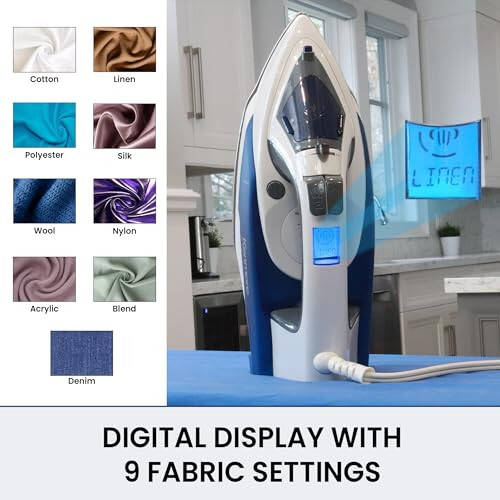 Kenmore Digital Power Steam Iron For Clothes Stainless Steel Soleplate Digital Temperature Control 9 Fabric Presets 1725W Vertical Garment Steamer 3-Way Auto-Off Anti-Drip Self-Clean Blue and White - 4