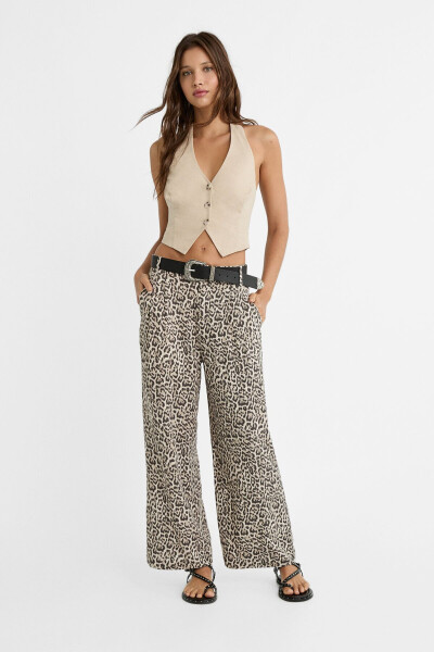 Keten karışımlı leopar desenli culotte pantolon - 8