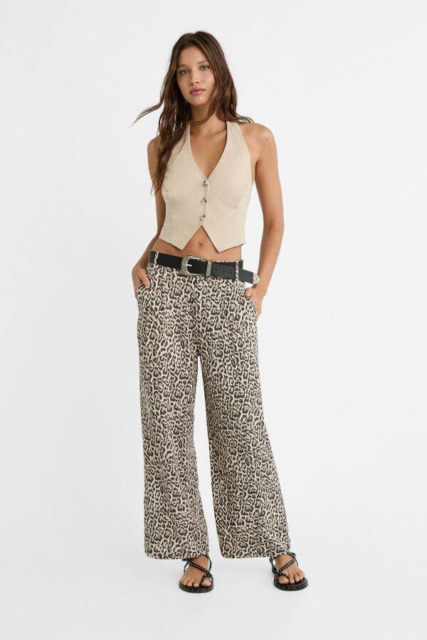 Keten karışımlı leopar desenli culotte pantolon - 8