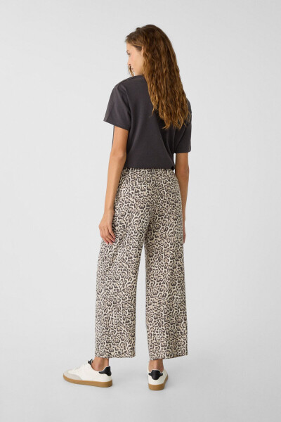 Keten karışımlı leopar desenli culotte pantolon - 3