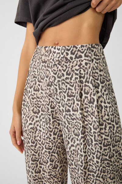 Keten karışımlı leopar desenli culotte pantolon - 4