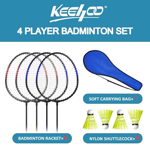 KH Badminton Raket Seti 2-4 Kişilik Yetişkin ve Çocuklar İçin, Plaj Çim Bahçe Oyunu Açık Hava Sporları, Raketler, Volanlar ve Taşıma Çantası Dahil - 2