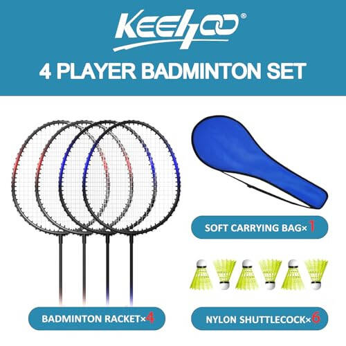 KH Badminton Raket Seti 2-4 Kişilik Yetişkin ve Çocuklar İçin, Plaj Çim Bahçe Oyunu Açık Hava Sporları, Raketler, Volanlar ve Taşıma Çantası Dahil - 6