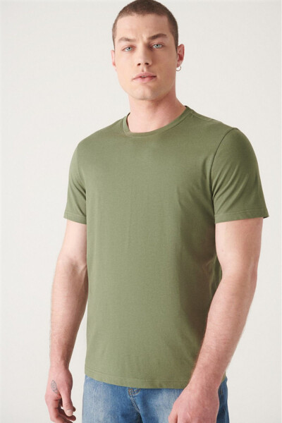 Khaki 100% Cotton Breathable Crew Neck Slim Fit Skinny T-Shirt - 1