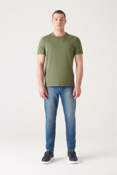 Khaki 100% Cotton Breathable Crew Neck Slim Fit Skinny T-Shirt - 4