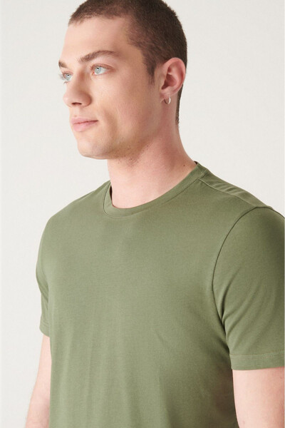 Khaki 100% Cotton Breathable Crew Neck Slim Fit Skinny T-Shirt - 5